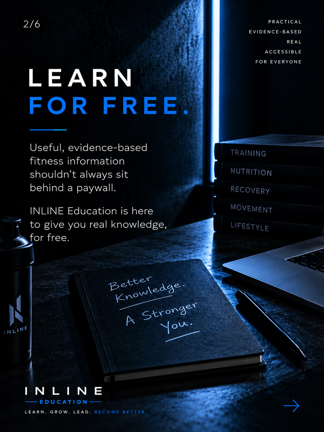 INLINE Education campaign: Learn for free, with training and nutrition books in a blue-lit study
